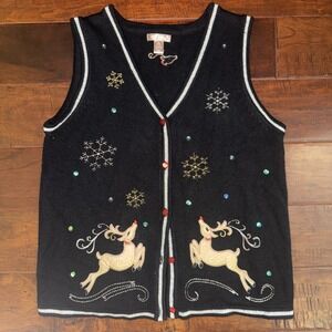 Christmas Vest White Stag Black Knit Reindeer Sequin Size Medium (8-10) Vtg
